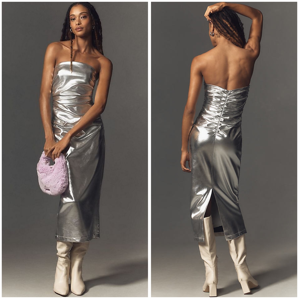 Anthropologie, Soleil Magic Fabric Strapless Ruched Dress in Silver, NWT